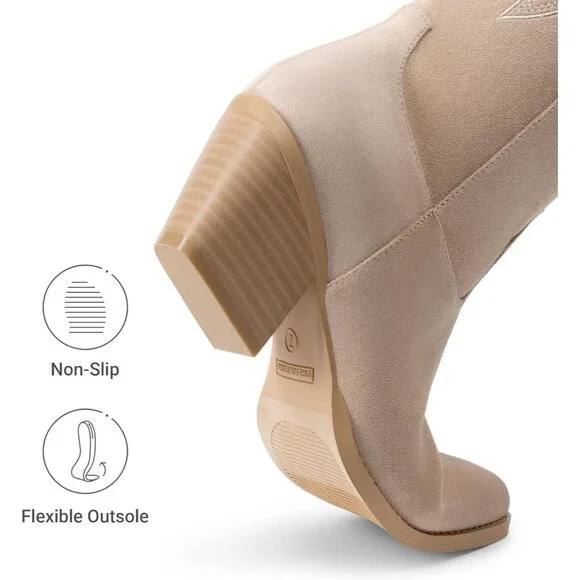 Women's Nude Western Cowgirl Boots Knee High Pointed Toe Chunky Block Heel - Picture 5 of 9